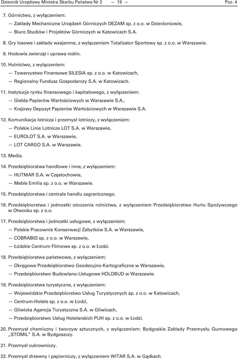 z o.o. w Katowicach, Regionalny Fundusz Gospodarczy S.A. w Katowicach. 11. Instytucje rynku finansowego i kapitałowego, z wyłączeniem: Giełda Papierów Wartościowych w Warszawie S.A., Krajowy Depozyt Papierów Wartościowych w Warszawie S.
