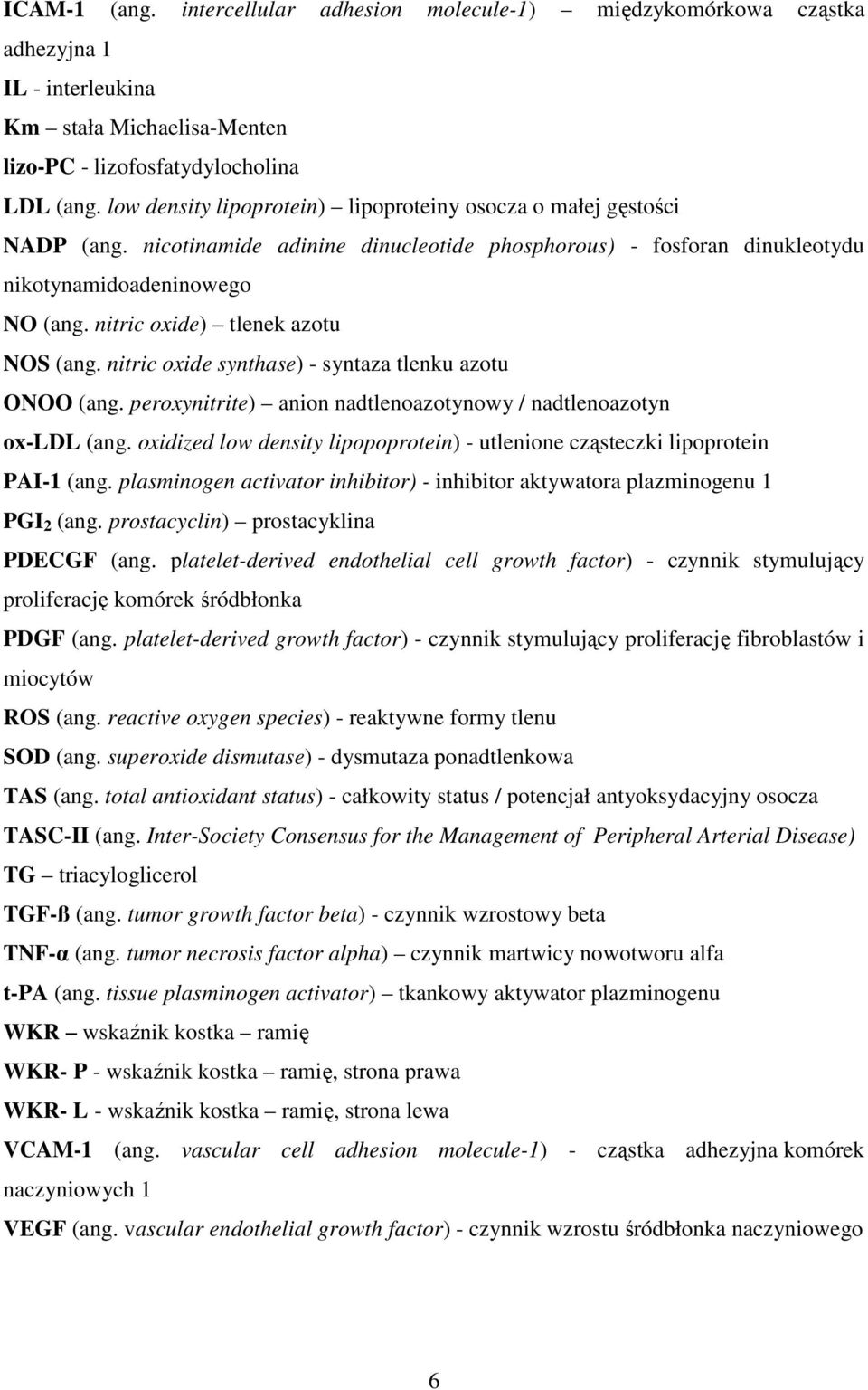 nitric oxide) tlenek azotu NOS (ang. nitric oxide synthase) - syntaza tlenku azotu ONOO (ang. peroxynitrite) anion nadtlenoazotynowy / nadtlenoazotyn ox-ldl (ang.