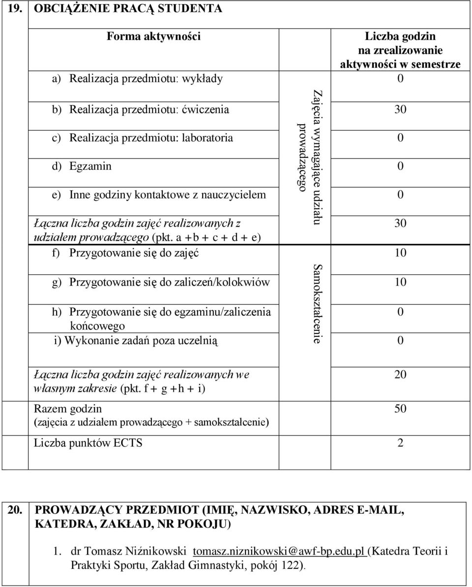 0 d) Egzamin 0 e) Inne godziny kontaktowe z nauczycielem 0 Łączna liczba godzin zajęć realizowanych z udziałem prowadzącego (pkt.