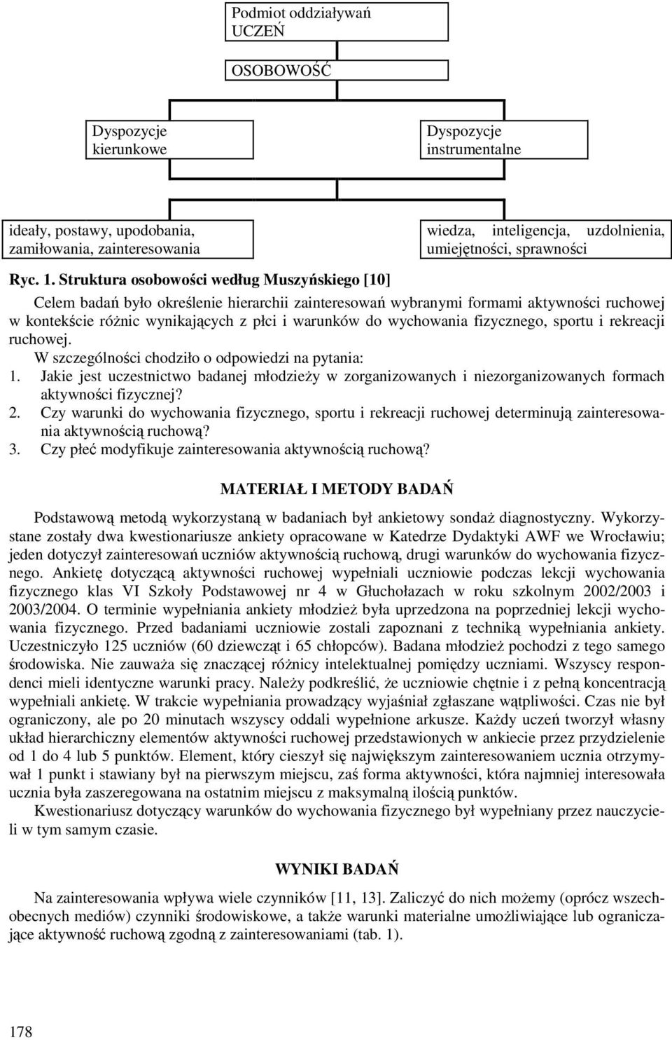 Struktura osobowości według Muszyńskiego [10] Celem badań było określenie hierarchii zainteresowań wybranymi formami aktywności ruchowej w kontekście różnic wynikających z płci i warunków do