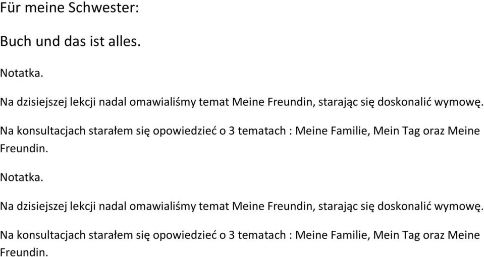 Na konsultacjach starałem się opowiedzieć o 3 tematach : Meine Familie, Mein Tag oraz Meine Freundin. Notatka.