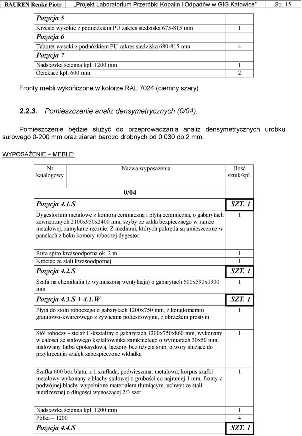 600 mm Fronty mebli wykończone w kolorze RAL 704 (ciemny szary)..3. Pomieszczenie analiz densymetrycznych (0/04).