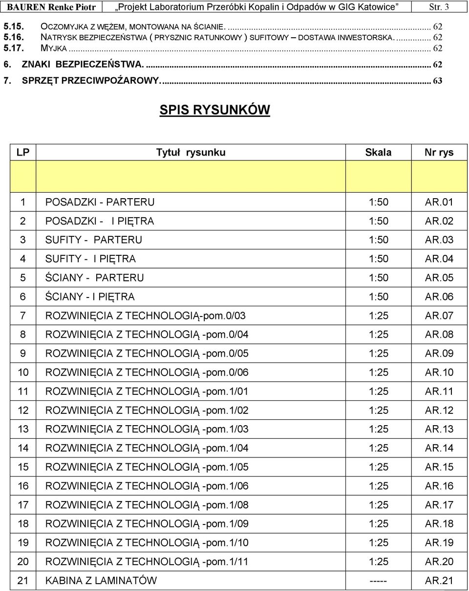 ... 63 SPIS RYSUNKÓW LP Tytuł rysunku Skala Nr rys POSADZKI - PARTERU :50 AR.0 POSADZKI - I PIĘTRA :50 AR.0 3 SUFITY - PARTERU :50 AR.03 4 SUFITY - I PIĘTRA :50 AR.04 5 ŚCIANY - PARTERU :50 AR.