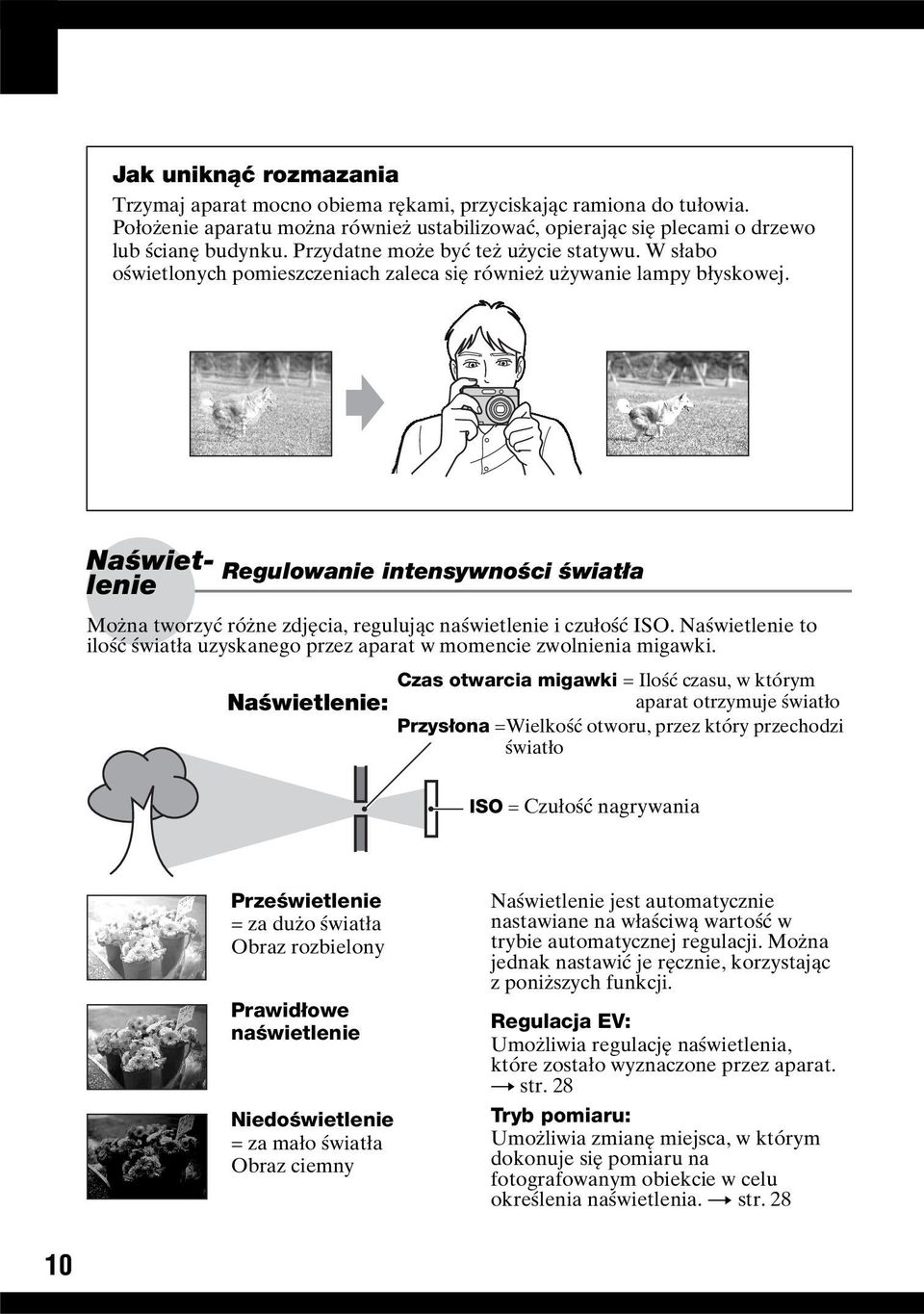Naświetlenie Regulowanie intensywności światła Można tworzyć różne zdjęcia, regulując naświetlenie i czułość ISO. Naświetlenie to ilość światła uzyskanego przez aparat w momencie zwolnienia migawki.