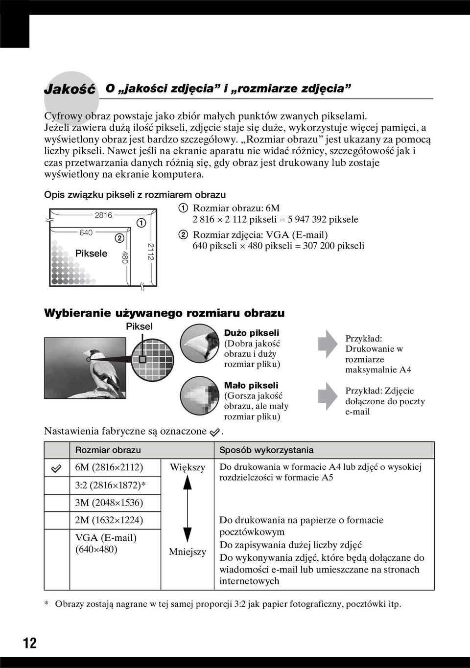 Nawet jeśli na ekranie aparatu nie widać różnicy, szczegółowość jak i czas przetwarzania danych różnią się, gdy obraz jest drukowany lub zostaje wyświetlony na ekranie komputera.