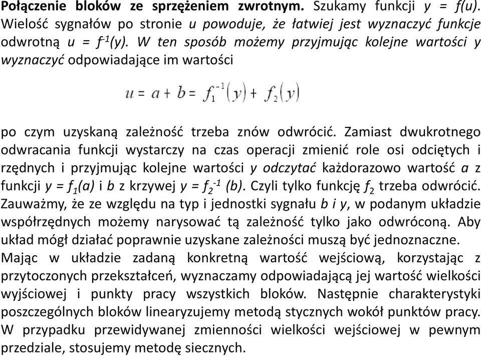 Zamiast dwukrotnego odwracania funkcji wystarczy na czas operacji zmienić role osi odciętych i rzędnych i przyjmując kolejne wartości y odczytać każdorazowo wartość a z funkcji y = f 1 (a) i b z