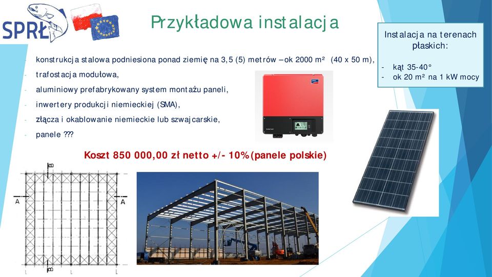 na terenach askich: - k t 35-40 - ok 20 m² na 1 kw mocy - inwertery produkcji niemieckiej (SMA), -