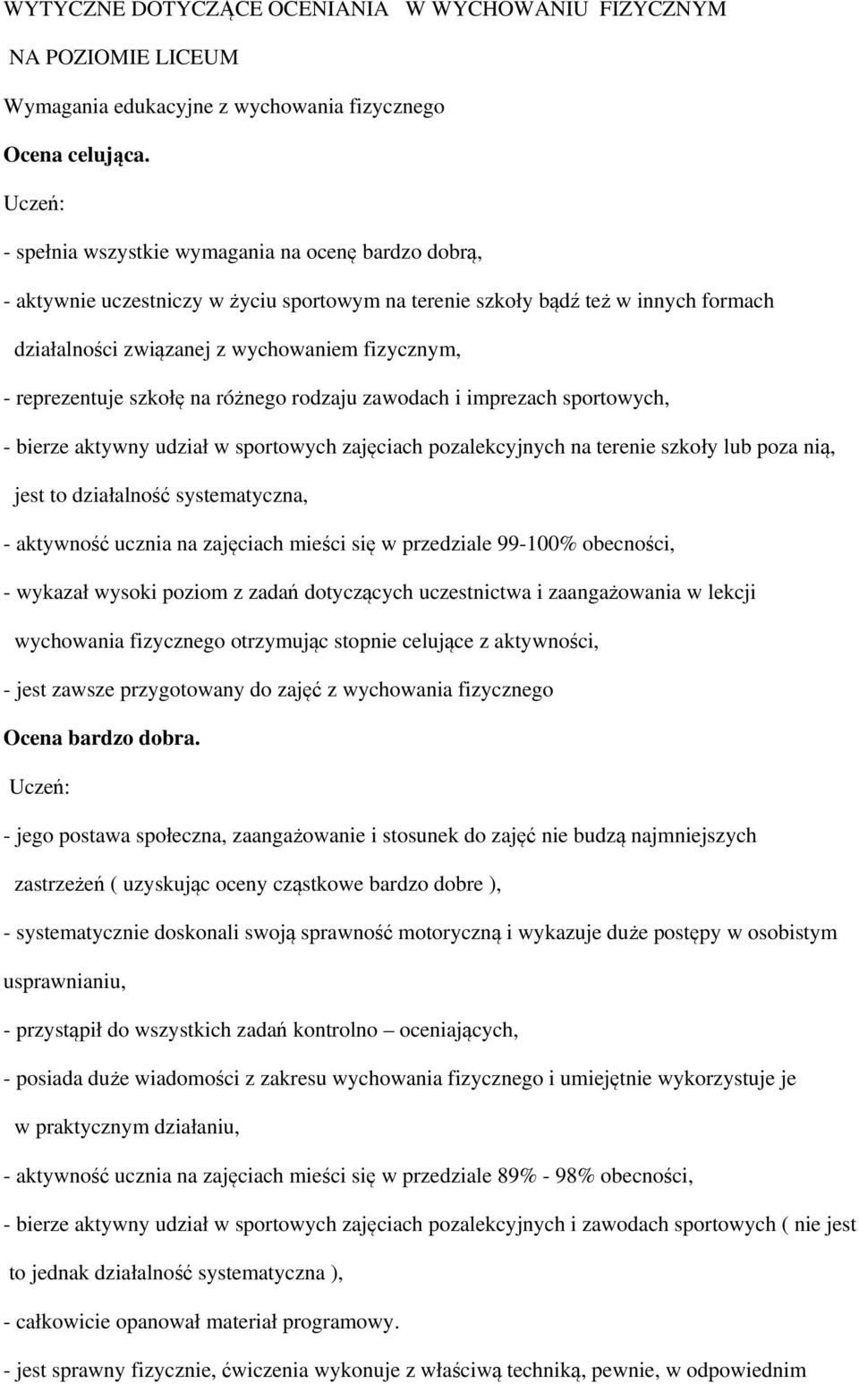 reprezentuje szkołę na różnego rodzaju zawodach i imprezach sportowych, - bierze aktywny udział w sportowych zajęciach pozalekcyjnych na terenie szkoły lub poza nią, jest to działalność