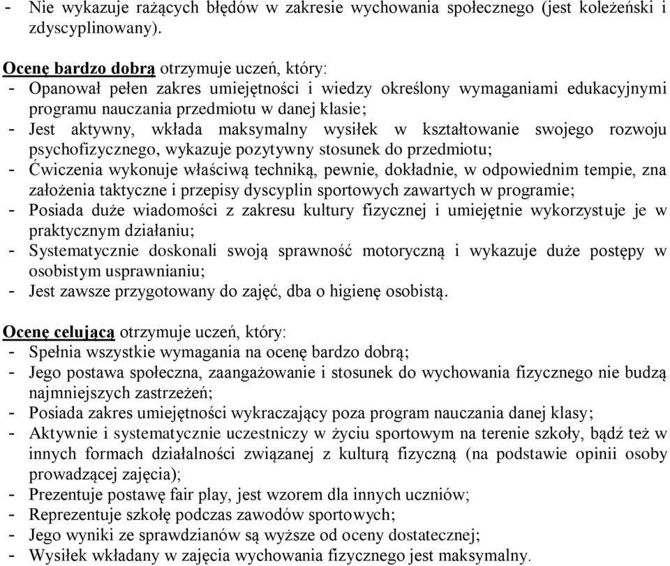 maksymalny wysiłek w kształtowanie swojego rozwoju psychofizycznego, wykazuje pozytywny stosunek do przedmiotu; - Ćwiczenia wykonuje właściwą techniką, pewnie, dokładnie, w odpowiednim tempie, zna