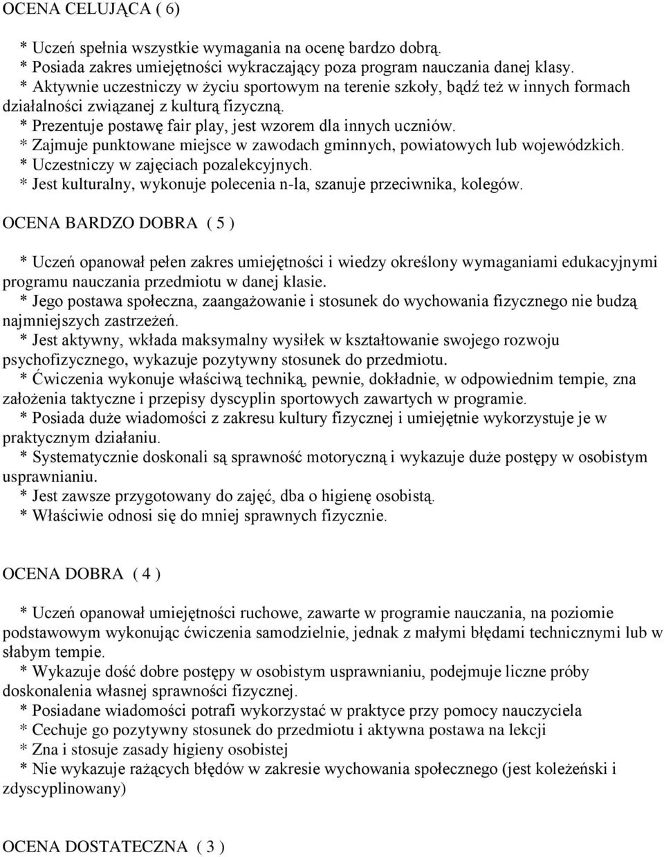 * Zajmuje punktowane miejsce w zawodach gminnych, powiatowych lub wojewódzkich. * Uczestniczy w zajęciach pozalekcyjnych. * Jest kulturalny, wykonuje polecenia n-la, szanuje przeciwnika, kolegów.