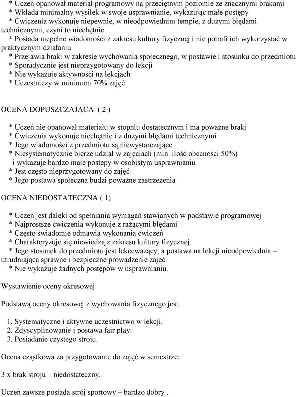 * Posiada niepełne wiadomości z zakresu kultury fizycznej i nie potrafi ich wykorzystać w praktycznym działaniu * Przejawia braki w zakresie wychowania społecznego, w postawie i stosunku do