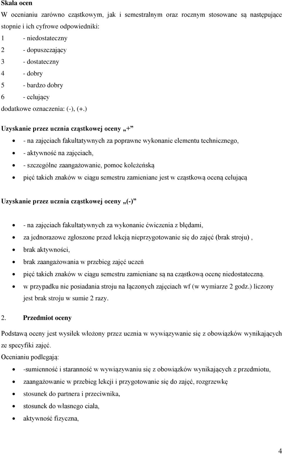 ) Uzyskanie przez ucznia cząstkowej oceny + - na zajęciach fakultatywnych za poprawne wykonanie elementu technicznego, - aktywność na zajęciach, - szczególne zaangażowanie, pomoc koleżeńską pięć