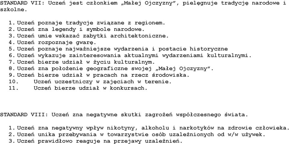 Uczeń wykazuje zaintereswania aktualnymi wydarzeniami kulturalnymi. 7. Uczeń bierze udział w życiu kulturalnym. 8. Uczeń zna płżenie gegraficzne swjej Małej Ojczyzny. 9.