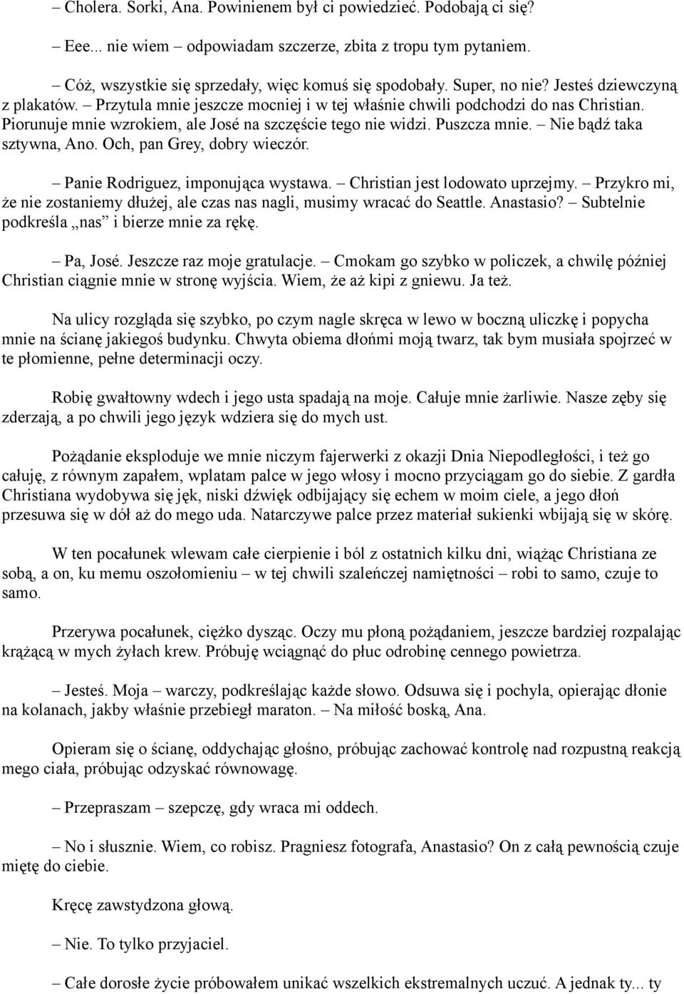 Puszcza mnie. Nie bądź taka sztywna, Ano. Och, pan Grey, dobry wieczór. Panie Rodriguez, imponująca wystawa. Christian jest lodowato uprzejmy.
