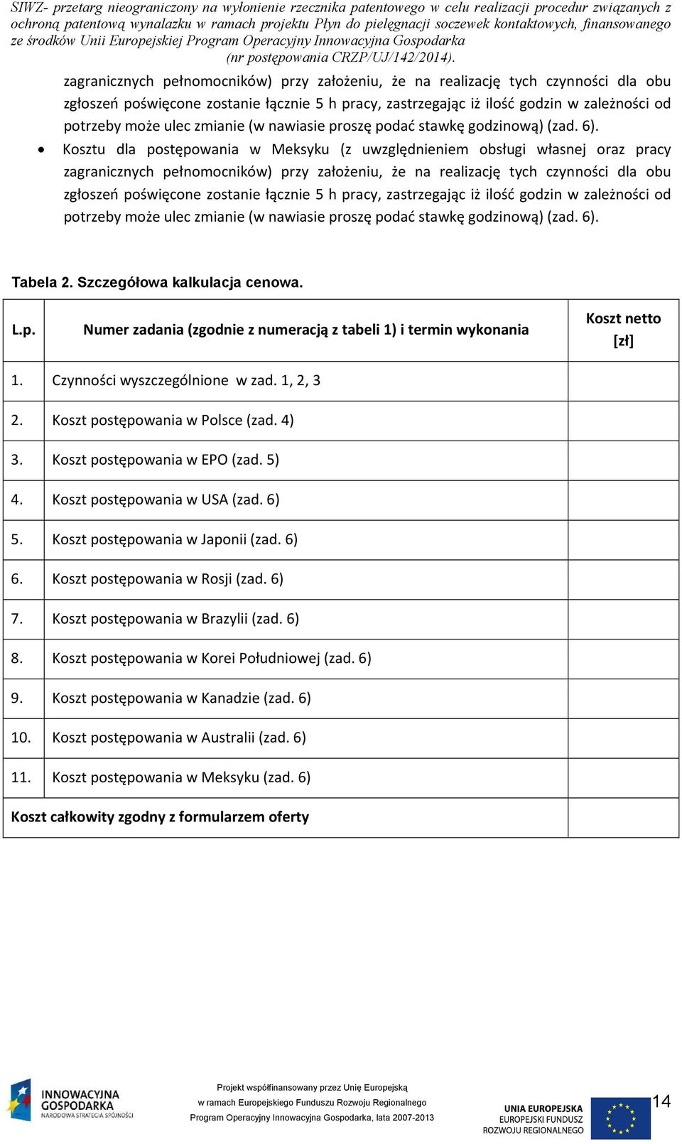 6). Tabela 2. Szczegółowa kalkulacja cenowa. L.p. Numer zadania (zgodnie z numeracją z tabeli 1) i termin wykonania Koszt netto [zł] 1. Czynności wyszczególnione w zad. 1, 2, 3 2.