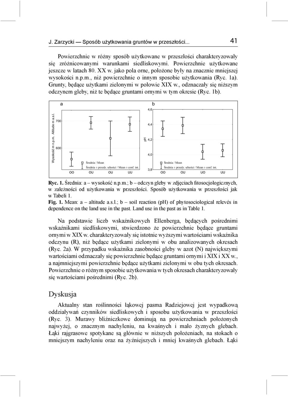 Grunty, będące użytkami zielonymi w połowie XIX w., odznaczały się niższym odczynem gleby, niż te będące gruntami ornymi w tym okresie (Ryc. 1b). a b 4,6 Wysokoœæ m n.p.m. Altitude m a.s.l. 700 600 Œrednia /Mean Œrednia ±przedz.