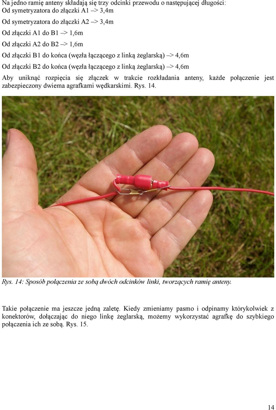 trakcie rozkładania anteny, każde połączenie jest zabezpieczony dwiema agrafkami wędkarskimi. Rys. 14. Rys. 14: Sposób połączenia ze sobą dwóch odcinków linki, tworzących ramię anteny.