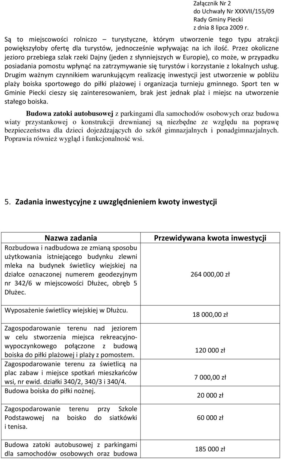Drugim ważnym czynnikiem warunkującym realizację inwestycji jest utworzenie w pobliżu plaży boiska sportowego do piłki plażowej i organizacja turnieju gminnego.