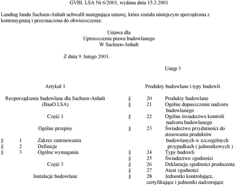 2001 Landtag landu Sachsen-Anhalt uchwalił następująca ustawę, która została niniejszym sporządzona z kontrasygnatą i przeznaczona do obwieszczenia: Ustawa dla Uproszczenia prawa budowlanego W