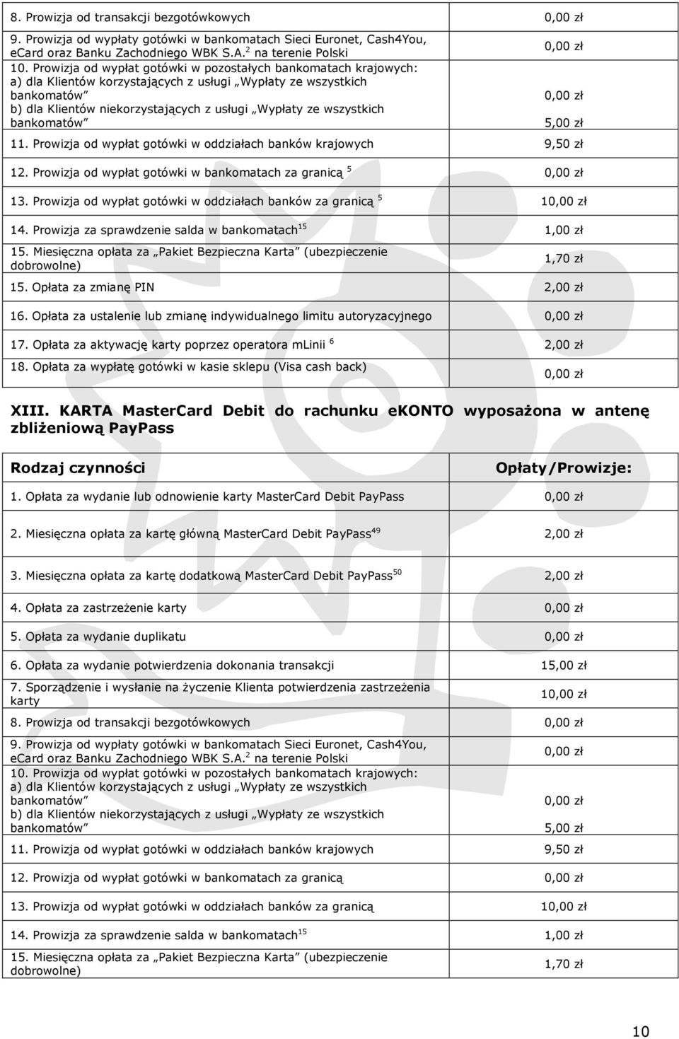 wszystkich bankomatów 11. Prowizja od wypłat gotówki w oddziałach banków krajowych 9,50 zł 12. Prowizja od wypłat gotówki w bankomatach za granicą 5 13.