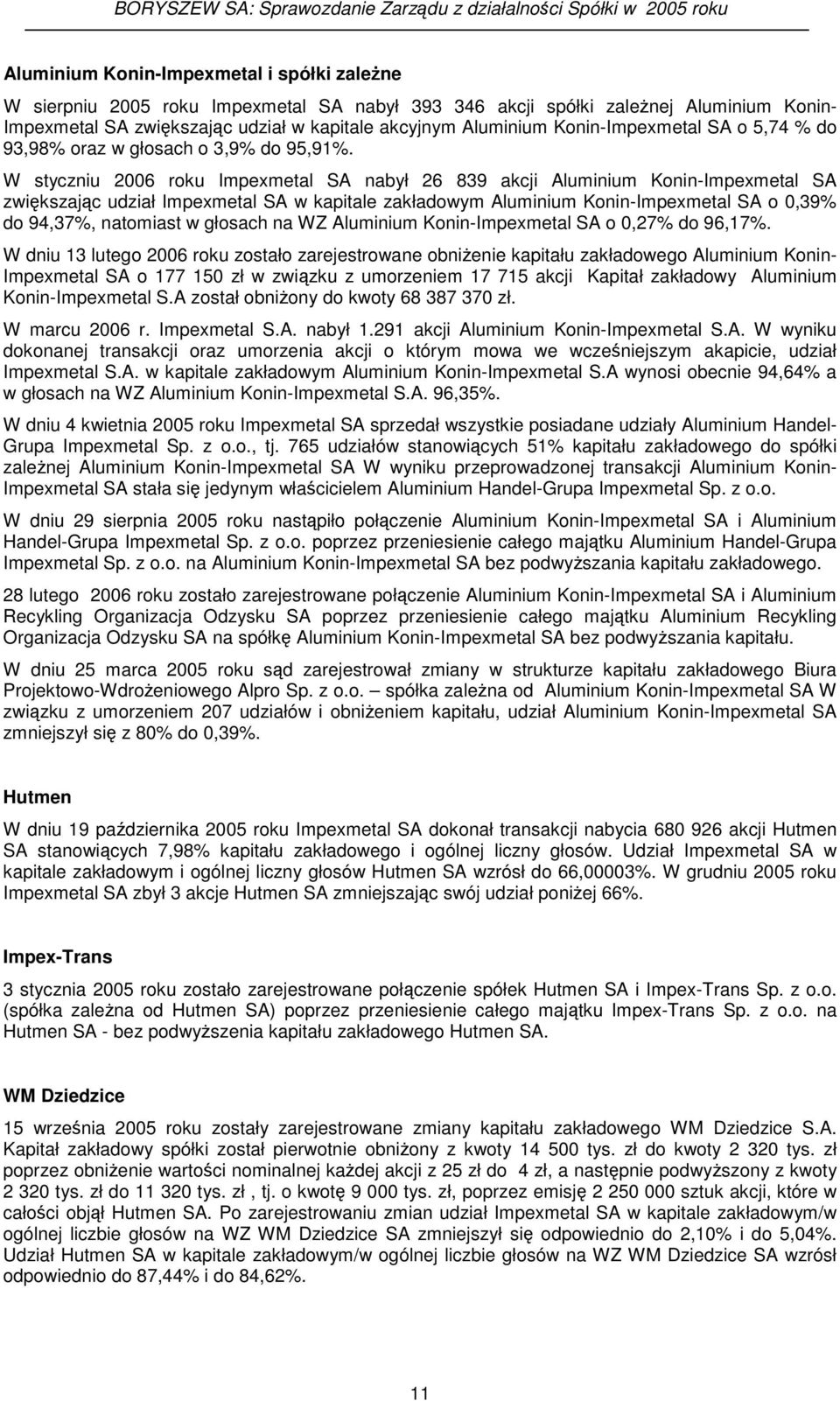 W styczniu 2006 roku Impexmetal SA nabył 26 839 akcji Aluminium Konin-Impexmetal SA zwikszajc udział Impexmetal SA w kapitale zakładowym Aluminium Konin-Impexmetal SA o 0,39% do 94,37%, natomiast w