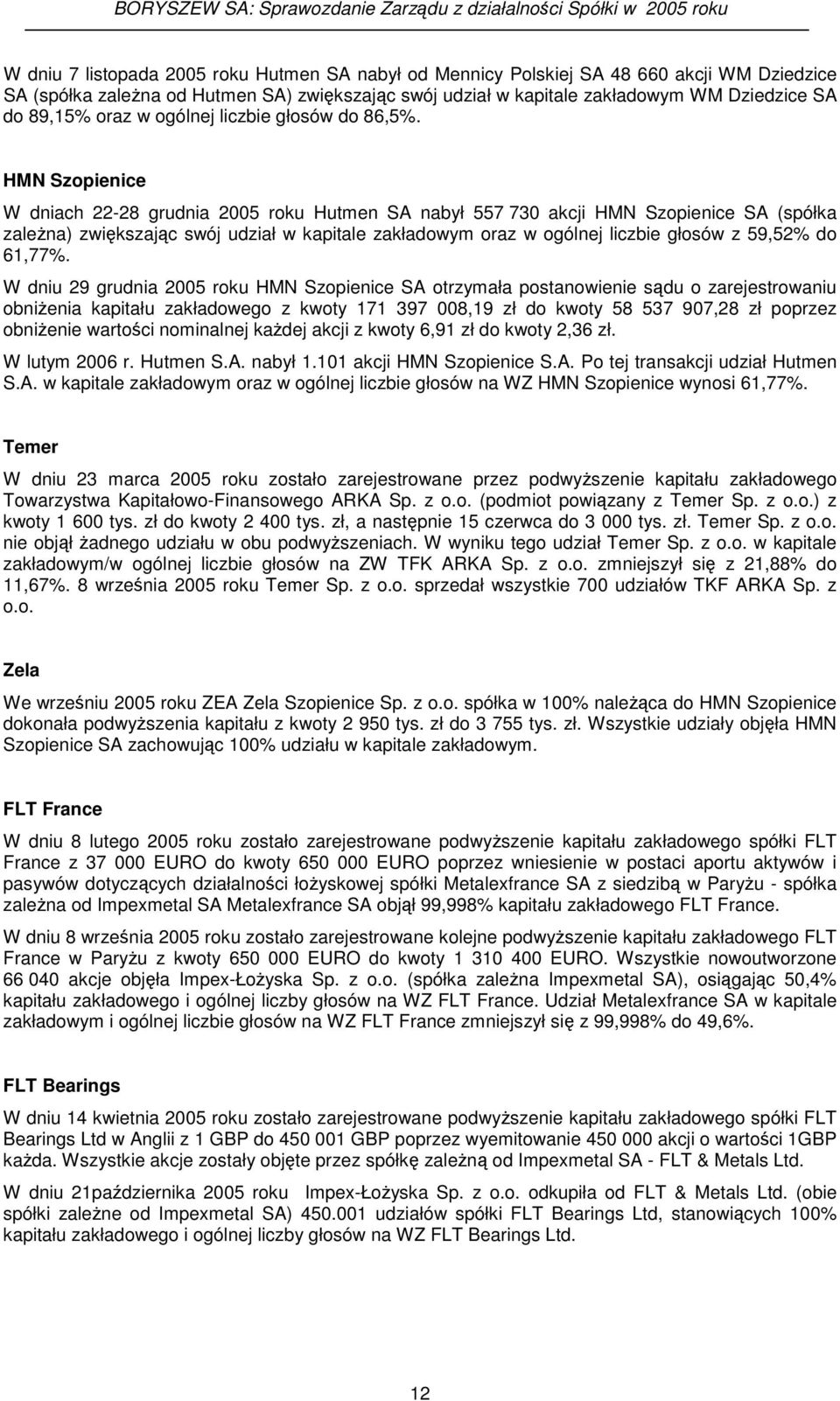 HMN Szopienice W dniach 22-28 grudnia 2005 roku Hutmen SA nabył 557 730 akcji HMN Szopienice SA (spółka zalena) zwikszajc swój udział w kapitale zakładowym oraz w ogólnej liczbie głosów z 59,52% do