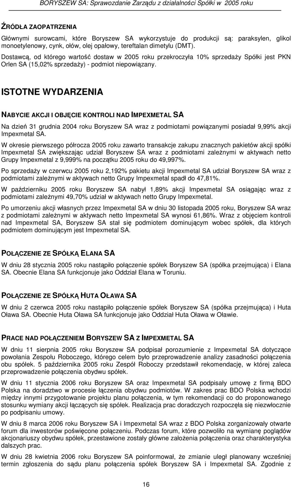 ISTOTNE WYDARZENIA NABYCIE AKCJI I OBJCIE KONTROLI NAD IMPEXMETAL SA Na dzie 31 grudnia 2004 roku Boryszew SA wraz z podmiotami powizanymi posiadał 9,99% akcji Impexmetal SA.