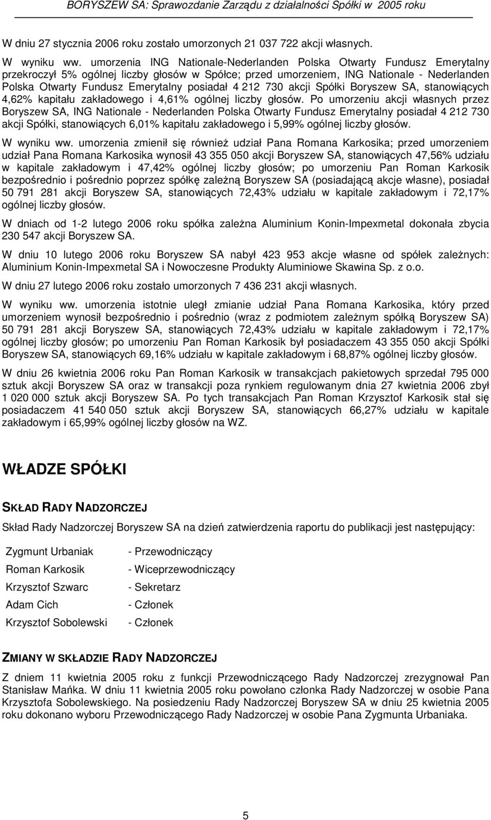 posiadał 4 212 730 akcji Spółki Boryszew SA, stanowicych 4,62% kapitału zakładowego i 4,61% ogólnej liczby głosów.