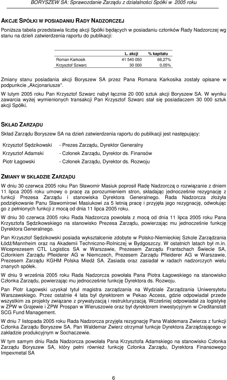 W lutym 2005 roku Pan Krzysztof Szwarc nabył łcznie 20 000 sztuk akcji Boryszew SA. W wyniku zawarcia wyej wymienionych transakcji Pan Krzysztof Szwarc stał si posiadaczem 30 000 sztuk akcji Spółki.