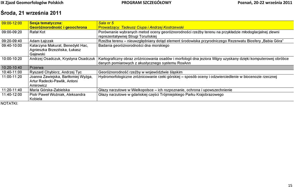 Rezerwatu Biosfery Babia Góra 09:40-10:00 Katarzyna Makurat, Benedykt Hac, Badania georóżnorodności dna morskiego Agnieszka Brzezińska, Łukasz Gajewski 10:00-10:20 Andrzej Osadczuk, Krystyna Osadczuk