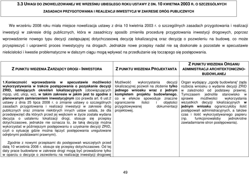 o szczególnych zasadach przygotowania i realizacji inwestycji w zakresie dróg publicznych, która w zasadniczy sposób zmieniła procedurę przygotowania inwestycji drogowych, poprzez wprowadzenie nowego