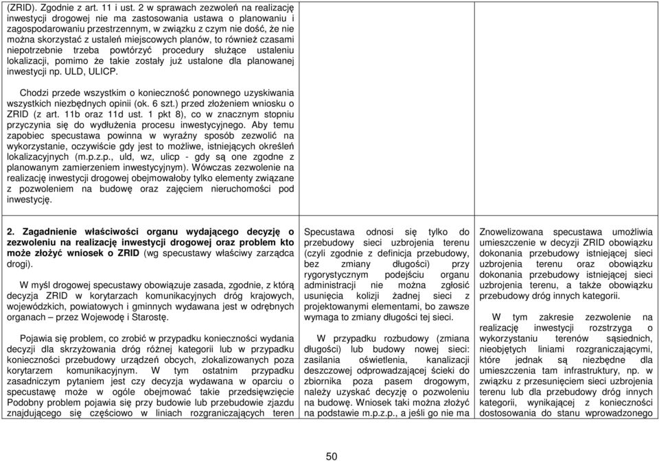 miejscowych planów, to również czasami niepotrzebnie trzeba powtórzyć procedury służące ustaleniu lokalizacji, pomimo że takie zostały już ustalone dla planowanej inwestycji np. ULD, ULICP.