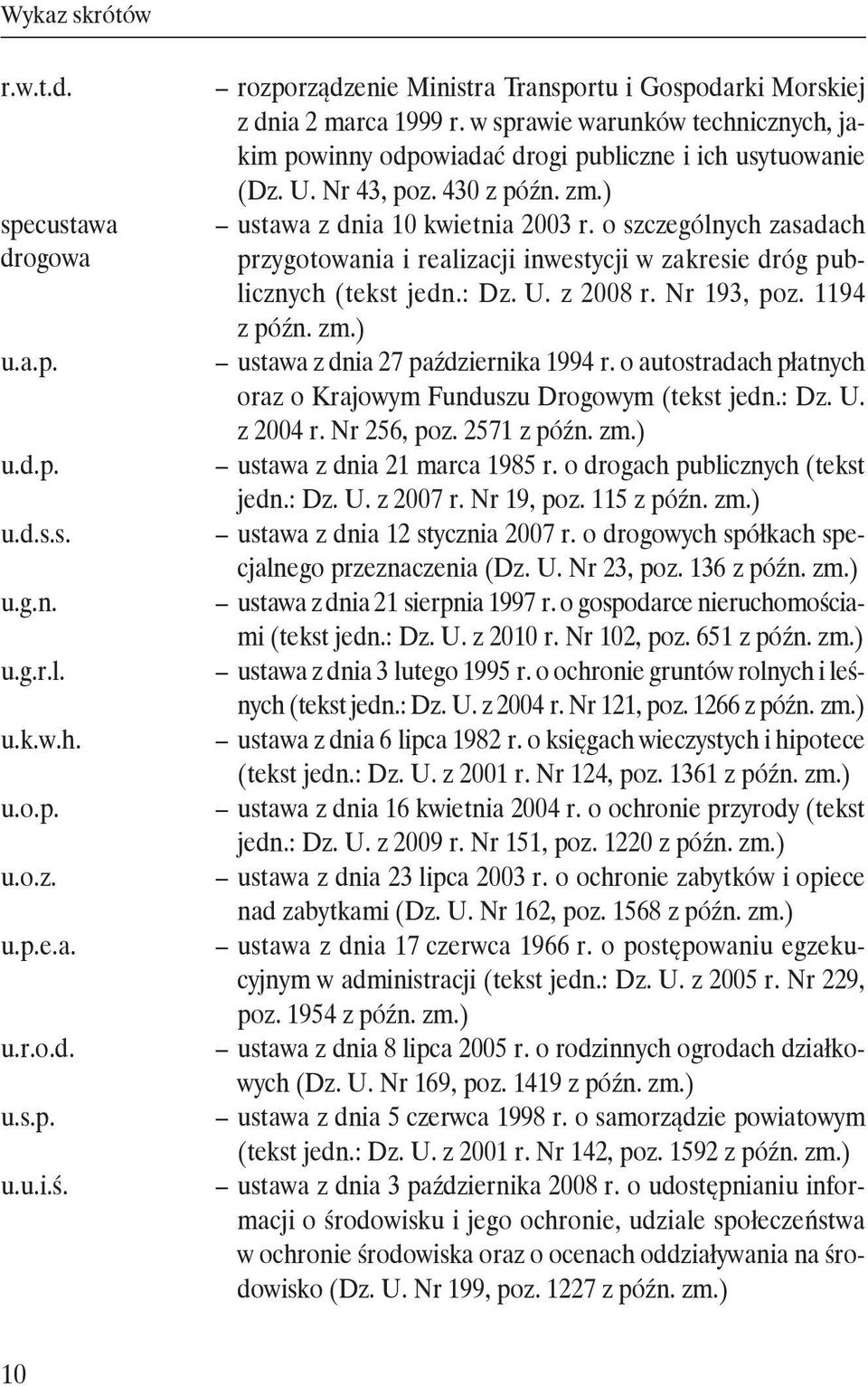 430 z późn. zm.) ustawa z dnia 10 kwietnia 2003 r. o szczególnych zasadach przygotowania i realizacji inwestycji w zakresie dróg publicznych (tekst jedn.: Dz. U. z 2008 r. Nr 193, poz. 1194 z późn.
