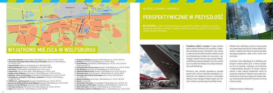 Ludzi i przstrzni do życia, gospodarka i kultura, rodzina i czas wolny, innowacja i inspiracja, kształcni i badania, kontrasty i dynamika, jakość życia i przyszłość. Jdnym słowm: Wolfsburg.