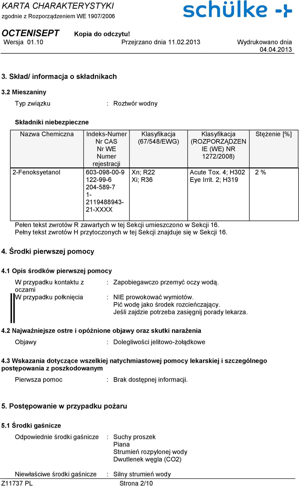 (67/548/EWG) Xn; R22 Xi; R36 Klasyfikacja (ROZPORZĄDZEN IE (WE) NR 1272/2008) Acute Tox. 4; H302 Eye Irrit.