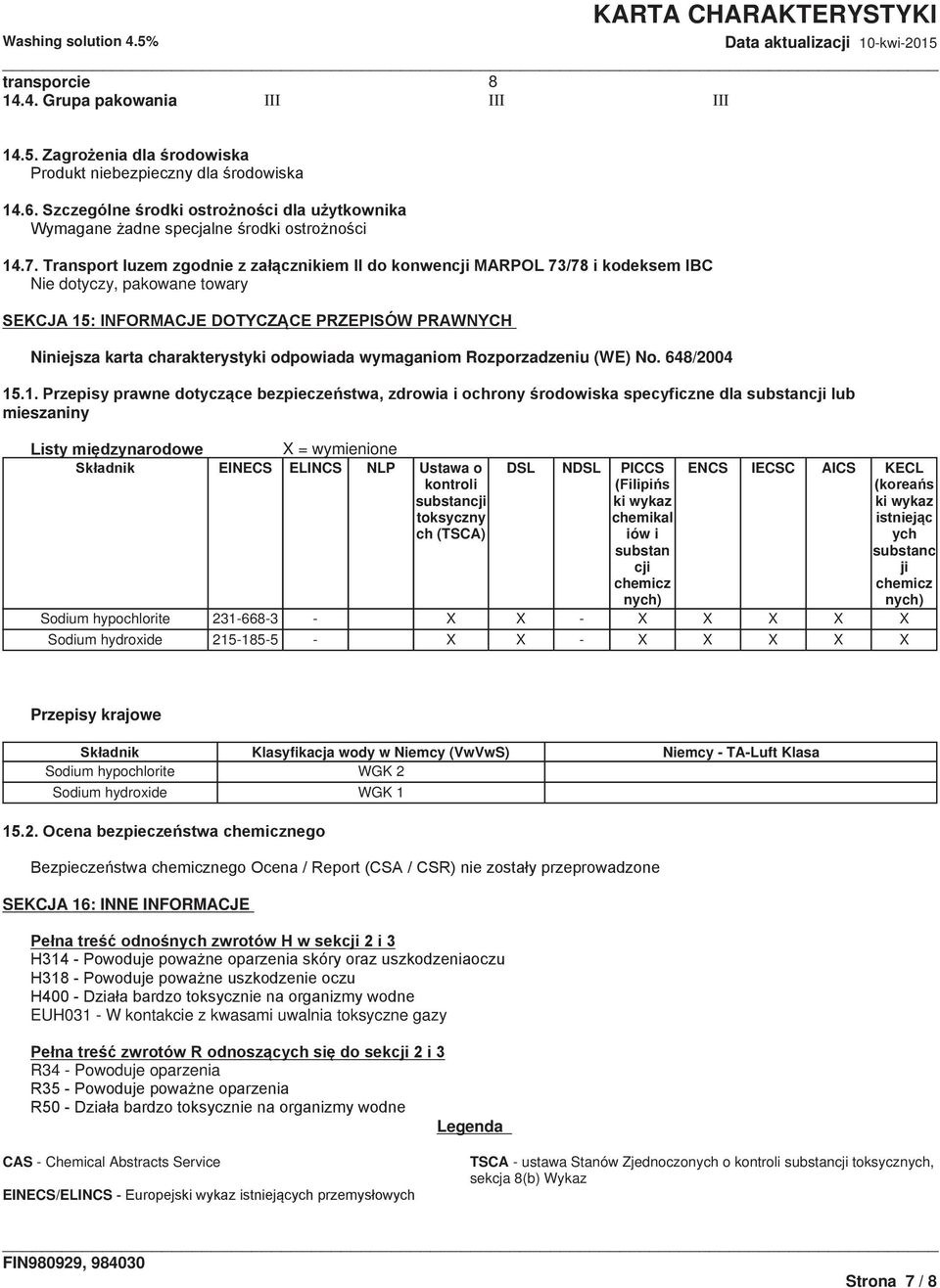 ych substanc ji chemicz nych) Sodium hypochlorite 231-668-3 - X X - X X X X X Sodium hydroxide 215-185-5 - X X - X X X X X Przepisy krajowe Klasyfikacja wody w Niemcy (VwVwS) Niemcy - TA-Luft Klasa