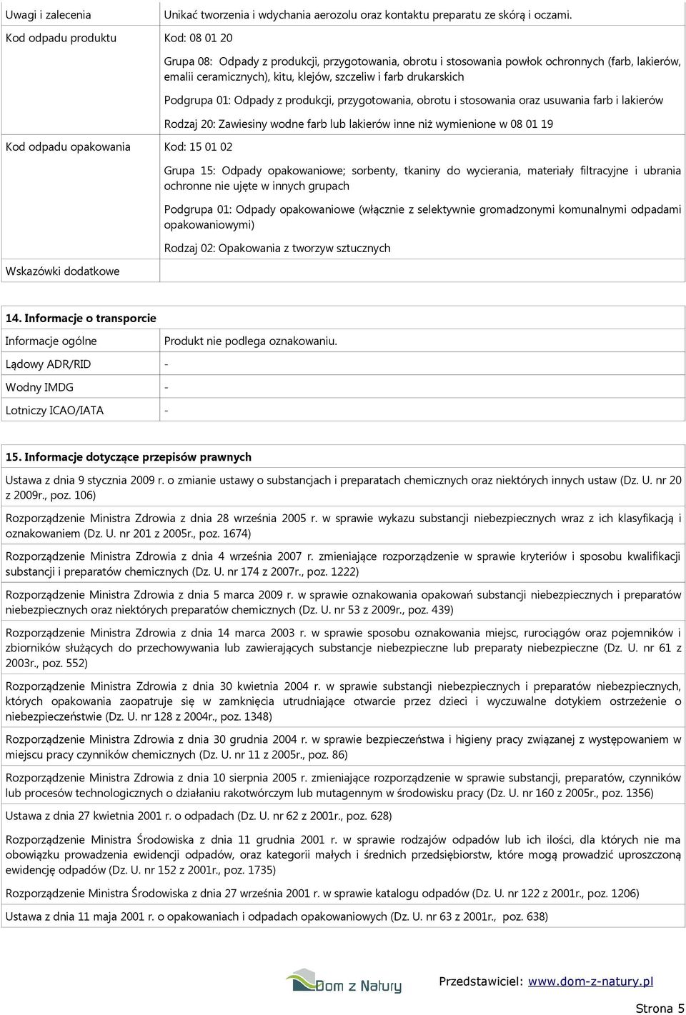 ceramicznych), kitu, klejów, szczeliw i farb drukarskich Podgrupa 01: Odpady z produkcji, przygotowania, obrotu i stosowania oraz usuwania farb i lakierów Rodzaj 20: Zawiesiny wodne farb lub lakierów