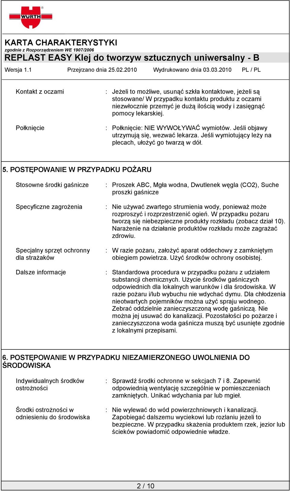 POSTĘPOWANIE W PRZYPADKU POŻARU Stosowne środki gaśnicze Specyficzne zagrożenia Specjalny sprzęt ochronny dla strażaków Dalsze informacje : Proszek ABC, Mgła wodna, Dwutlenek węgla (CO2), Suche