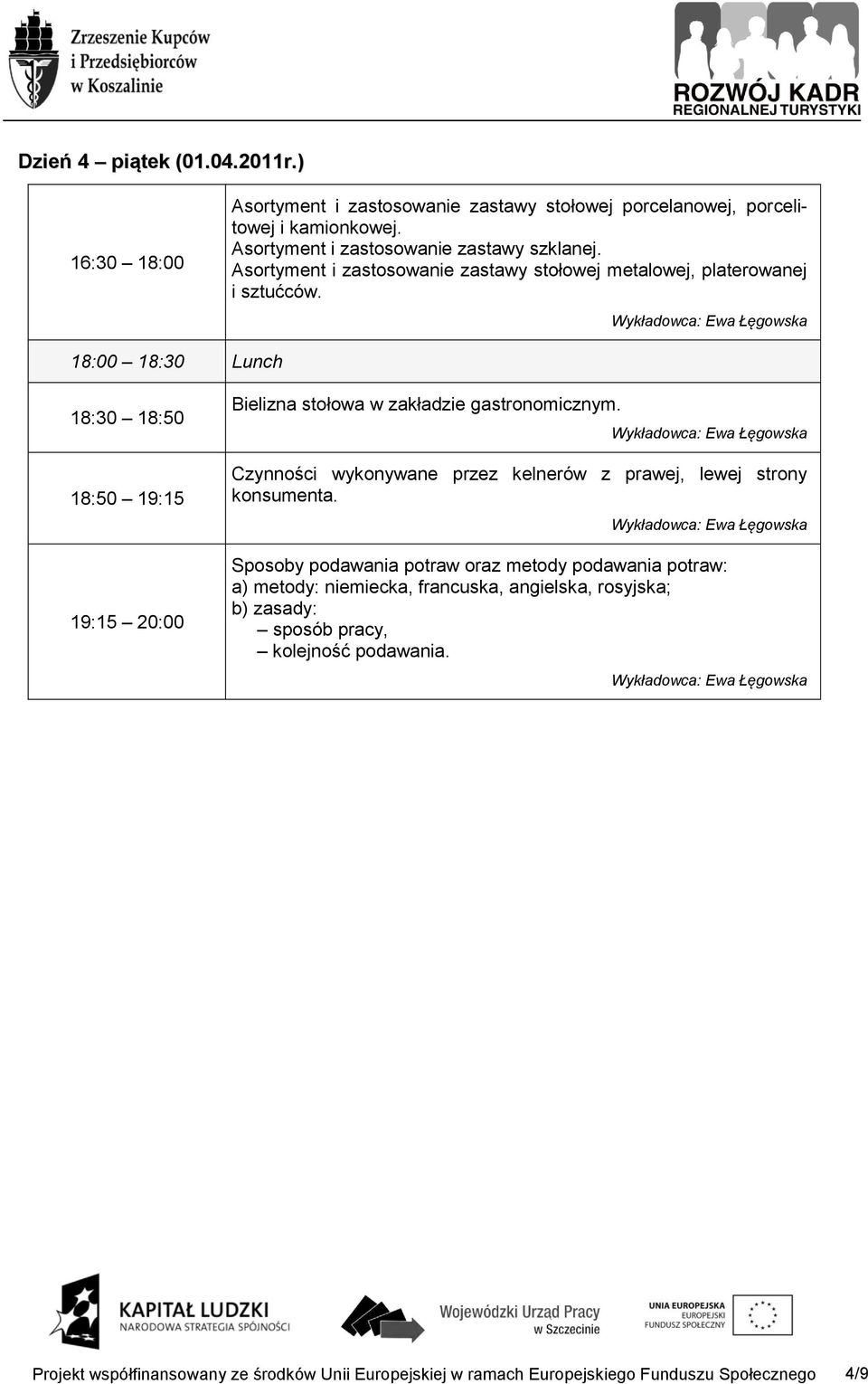 18:00 18:30 Lunch 18:30 18:50 18:50 19:15 19:15 20:00 Bielizna stołowa w zakładzie gastronomicznym.