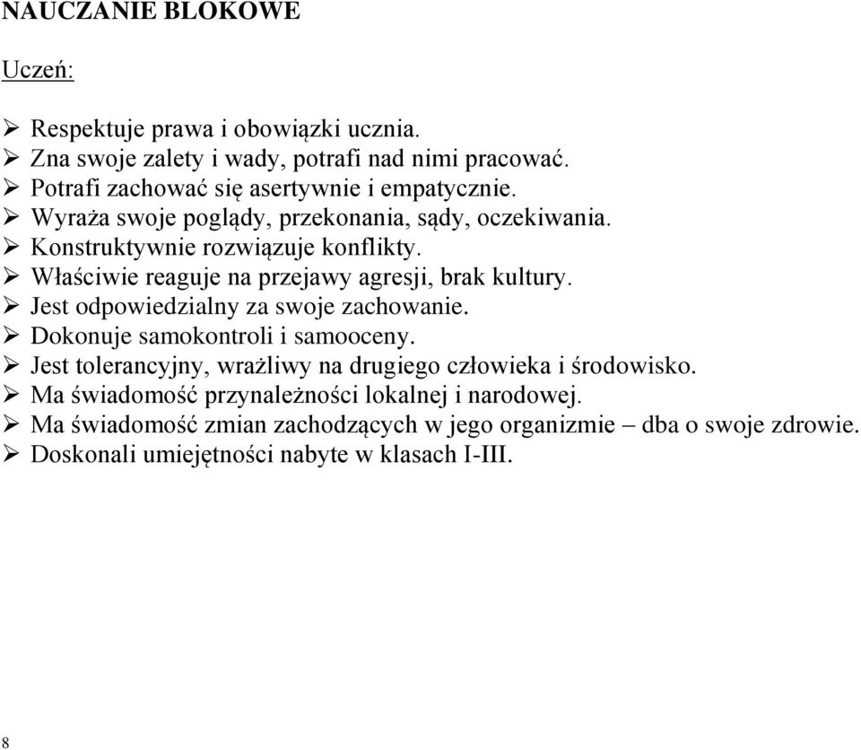 Właściwie reaguje na przejawy agresji, brak kultury. Jest odpowiedzialny za swoje zachowanie. Dokonuje samokontroli i samooceny.