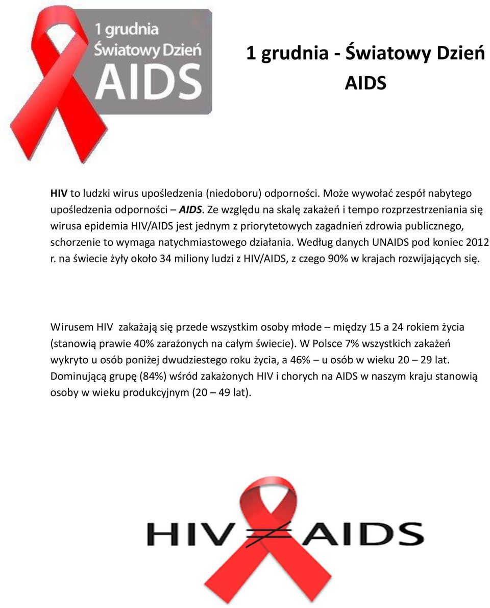 Według danych UNAIDS pod koniec 2012 r. na świecie żyły około 34 miliony ludzi z HIV/AIDS, z czego 90% w krajach rozwijających się.