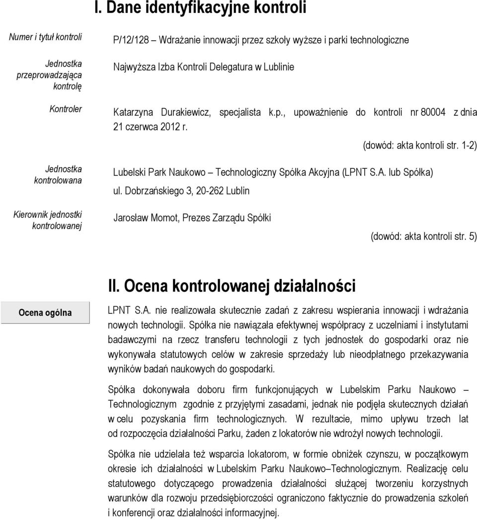 1-2) Lubelski Park Naukowo Technologiczny Spółka Akcyjna (LPNT S.A. lub Spółka) ul.