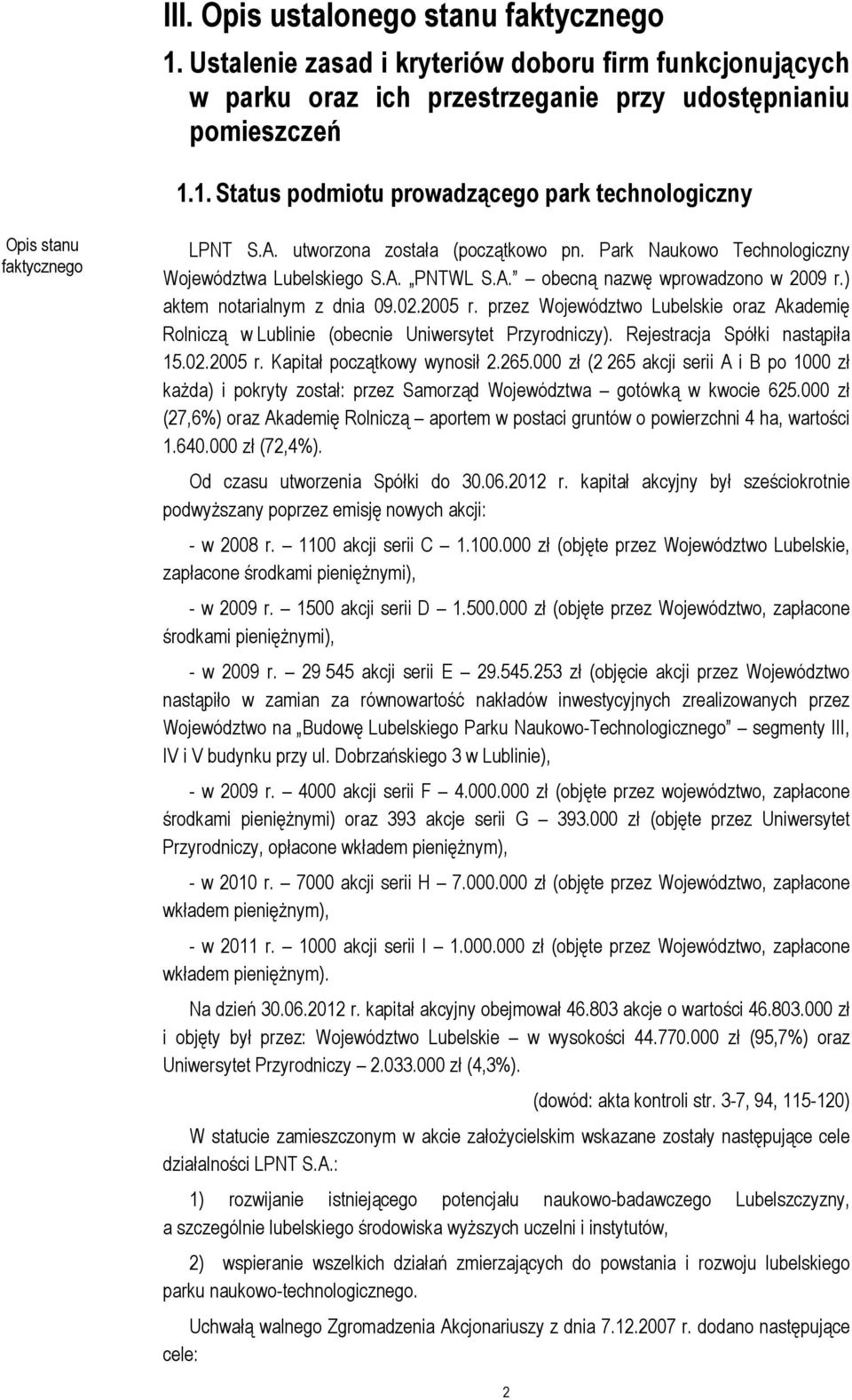 przez Województwo Lubelskie oraz Akademię Rolniczą w Lublinie (obecnie Uniwersytet Przyrodniczy). Rejestracja Spółki nastąpiła 15.02.2005 r. Kapitał początkowy wynosił 2.265.