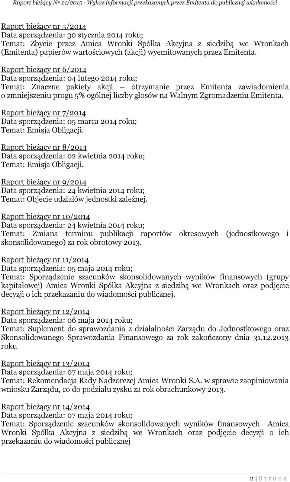 Raport bieżący nr 6/2014 Data sporządzenia: 04 lutego 2014 roku; Temat: Znaczne pakiety akcji otrzymanie przez Emitenta zawiadomienia o zmniejszeniu progu 5% ogólnej liczby głosów na Walnym