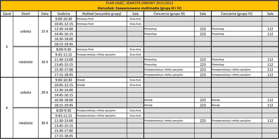 Postptprodukcja i efekty specjalne 223 Postptprodukcja i efekty specjalne 112 Dźwięk Duża Aula Dźwięk Duża Aula sobota 29 X Dźwięk 223 Dźwięk 112 4 Dźwięk 223 Dźwięk 112