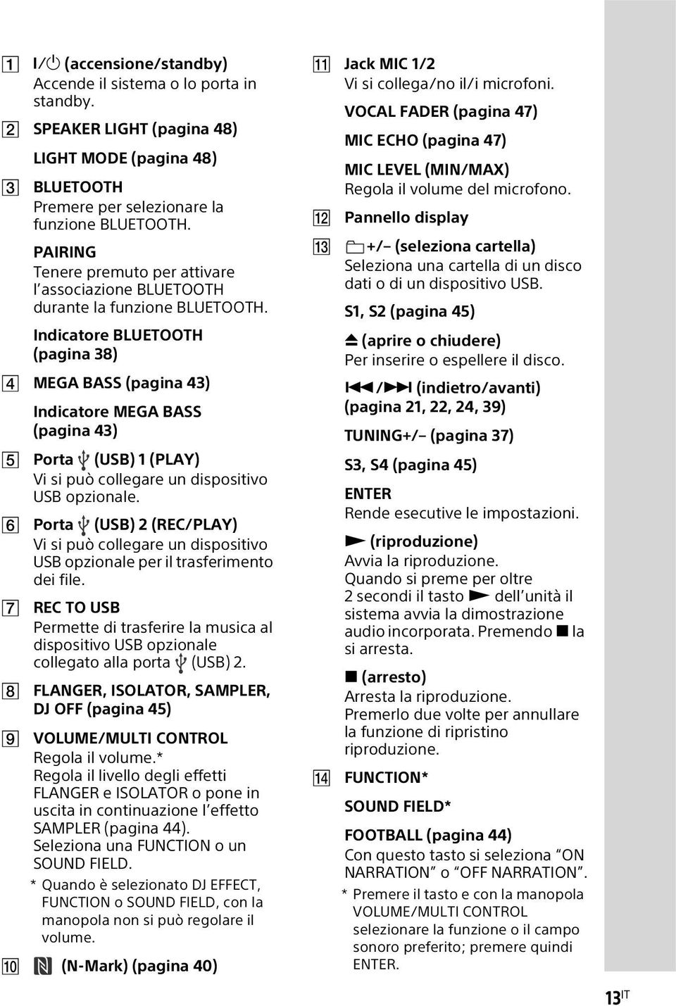 Indicatore BLUETOOTH (pagina 38) MEGA BASS (pagina 43) Indicatore MEGA BASS (pagina 43) Porta (USB) 1 (PLAY) Vi si può collegare un dispositivo USB opzionale.