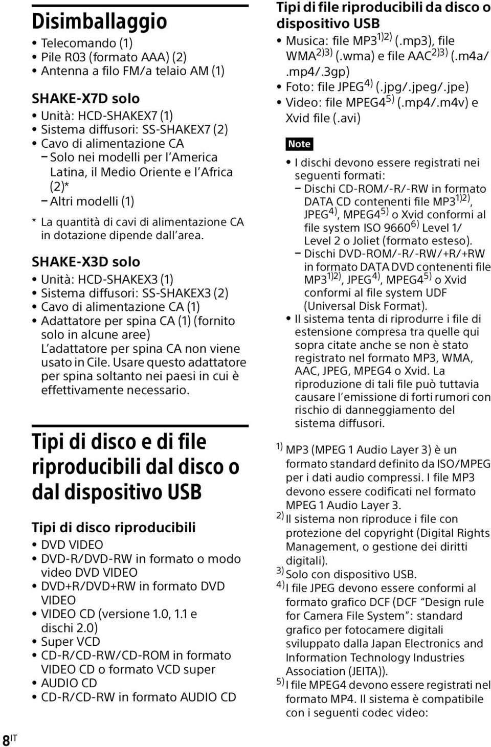 SHAKE-X3D solo Unità: HCD-SHAKEX3 (1) Sistema diffusori: SS-SHAKEX3 (2) Cavo di alimentazione CA (1) Adattatore per spina CA (1) (fornito solo in alcune aree) L adattatore per spina CA non viene