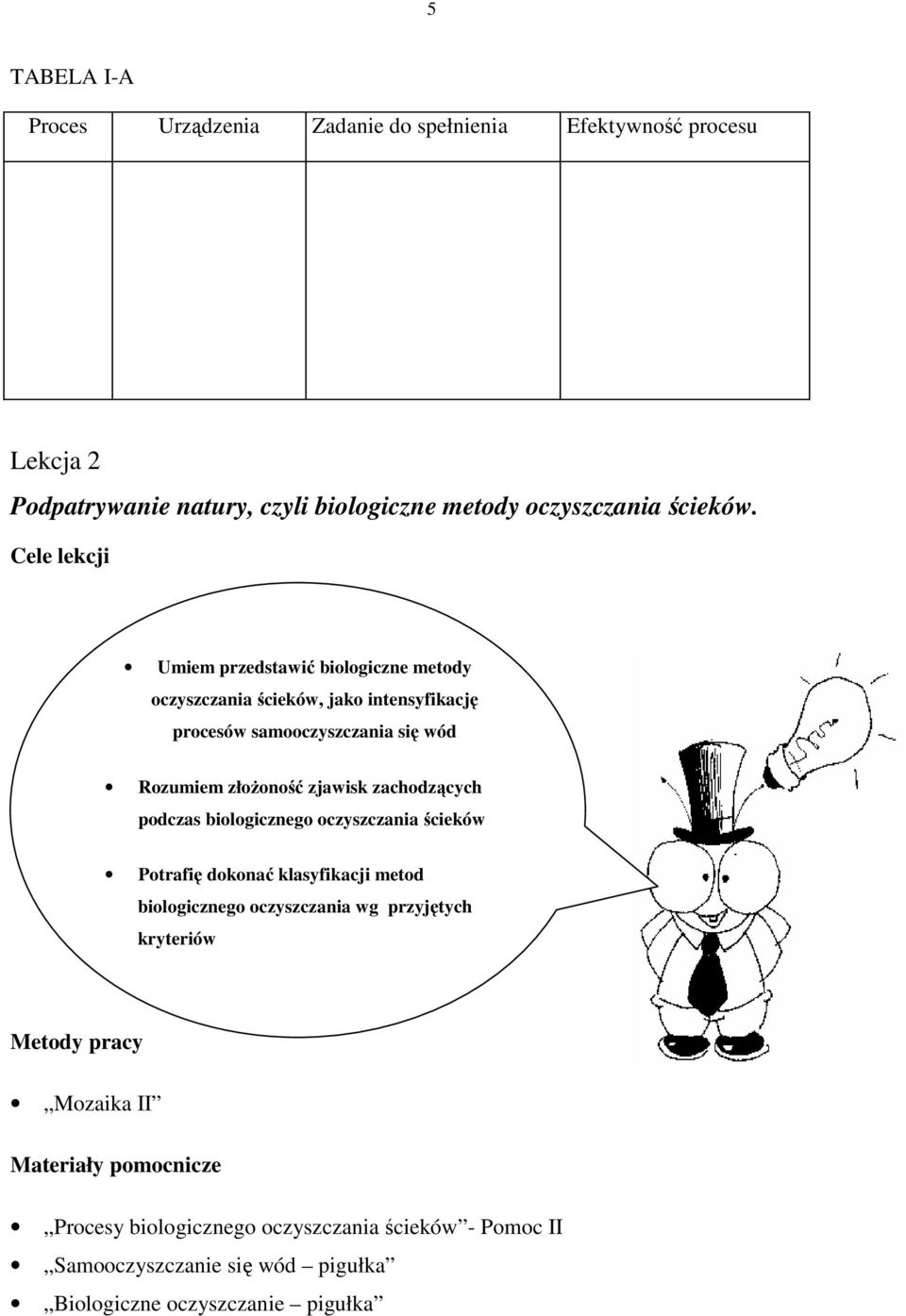 zachodzących podczas biologicznego oczyszczania ścieków Potrafię dokonać klasyfikacji metod biologicznego oczyszczania wg przyjętych kryteriów Metody