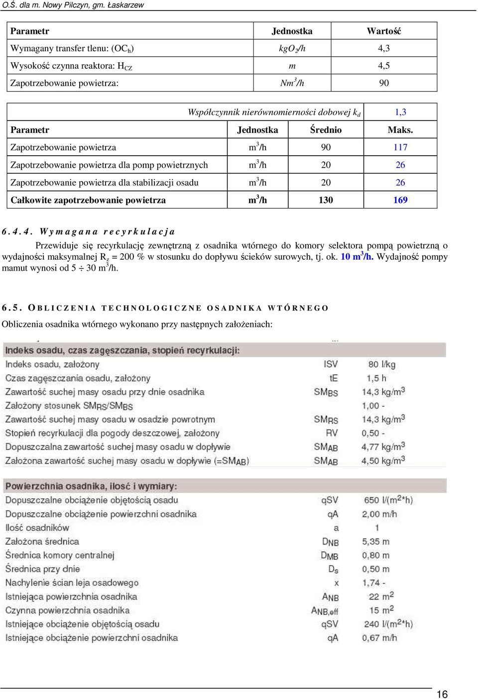 Zapotrzebowanie powietrza m 3 /h 90 117 Zapotrzebowanie powietrza dla pomp powietrznych m 3 /h 20 26 Zapotrzebowanie powietrza dla stabilizacji osadu m 3 /h 20 26 Całkowite zapotrzebowanie powietrza