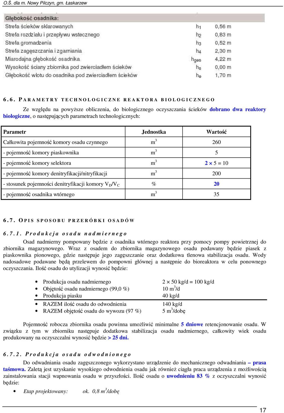 selektora m 3 2 5 = 10 - pojemność komory denitryfikacji/nitryfikacji m 3 200 - stosunek pojemności denitryfikacji komory V D /V C % 20 - pojemność osadnika wtórnego m 3 35 6. 7.